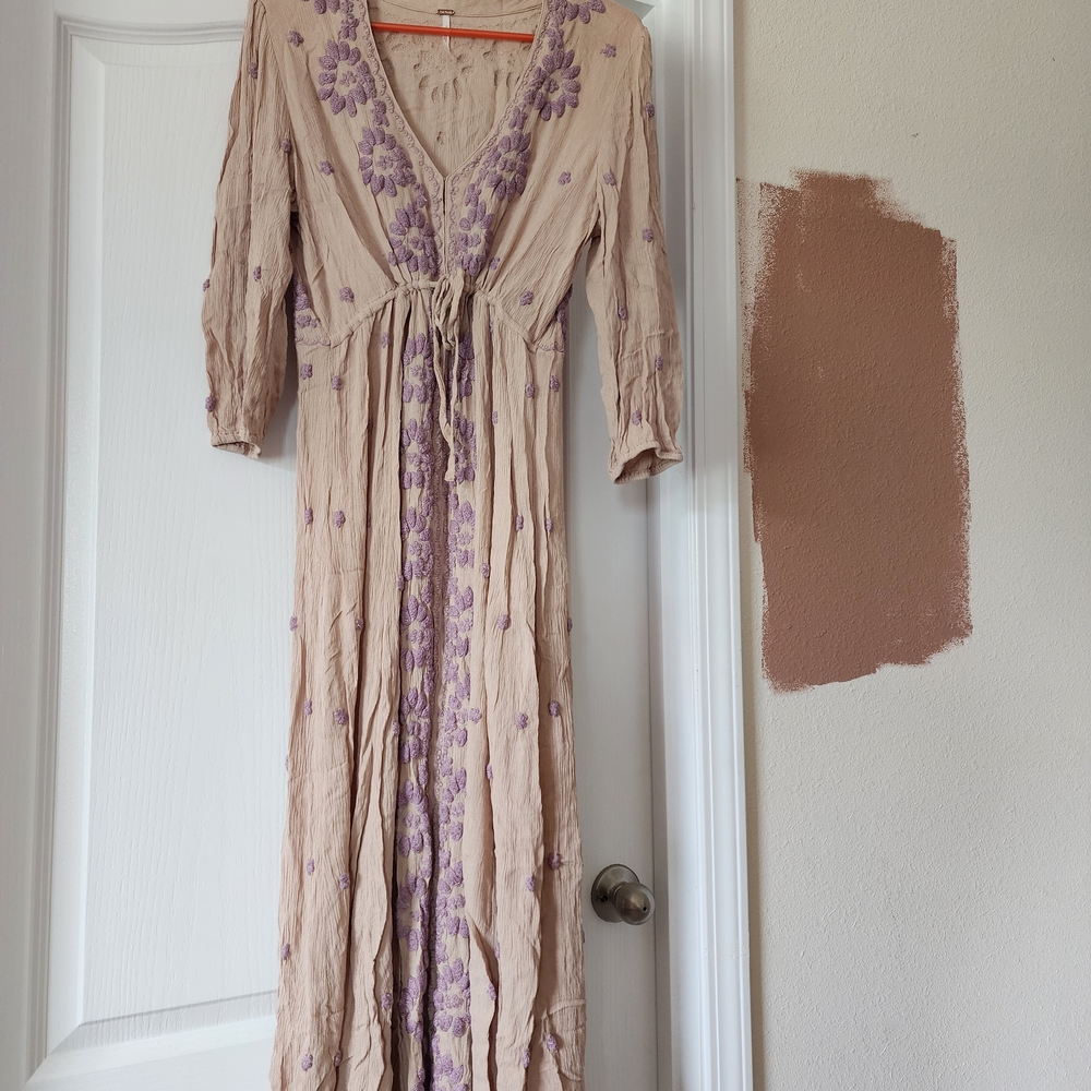 Free People Beige and Purple Embroidered Long Sleeve Dress